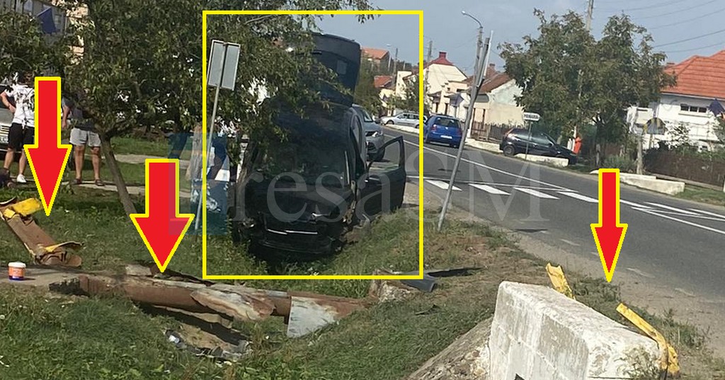 FOTO. Accident teribil, cu victimă, în Ardud. Parapet spulberat, mașină în șanț