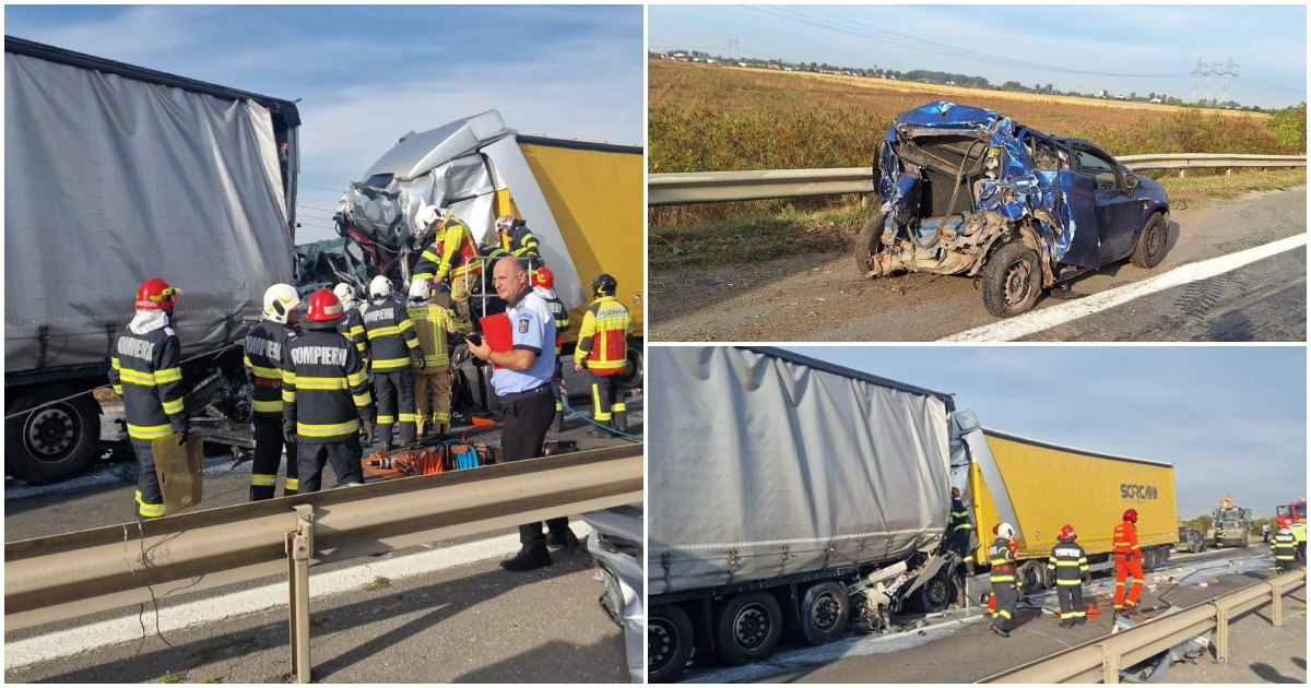FOTO. Accident cumplit în țară, cu cinci morți. Microbuz strivit între două TIR-uri
