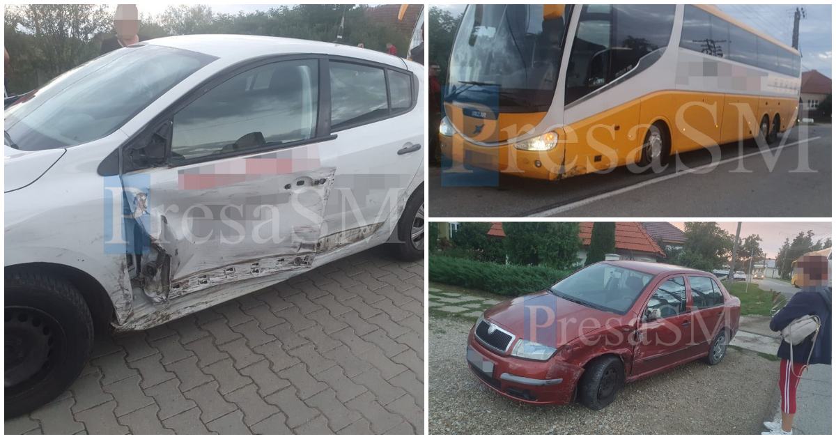 FOTO. Accident în lanț, în județul Satu Mare. Coliziune între două mașini și un autobuz plin cu pasageri
