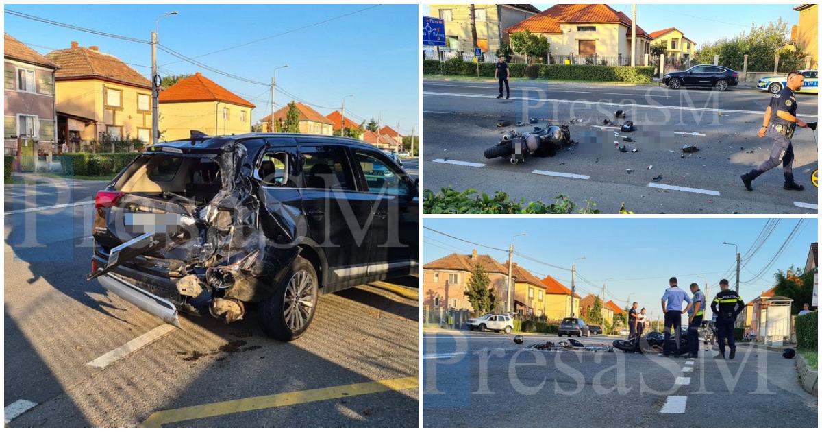 FOTO. Doi tineri au ajuns la spital după ce au intrat cu motocicleta într-o mașină. Ce spun polițiștii sătmăreni