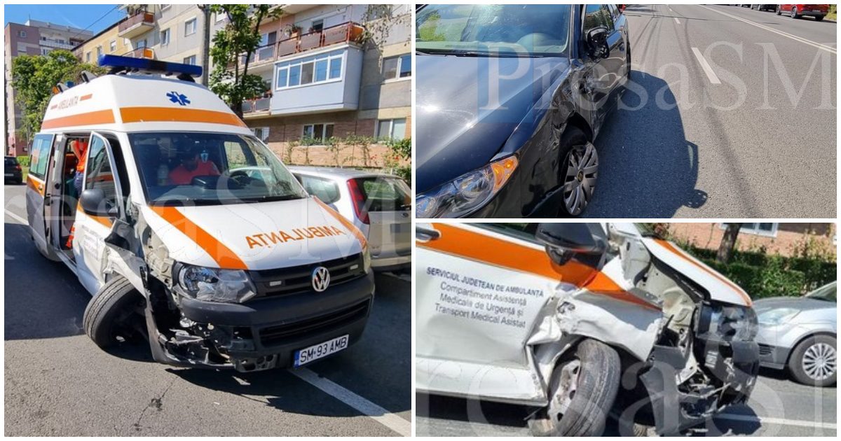 FOTO. Ambulanță, cu pacient, lovită de o mașină pe Drumul Careiului