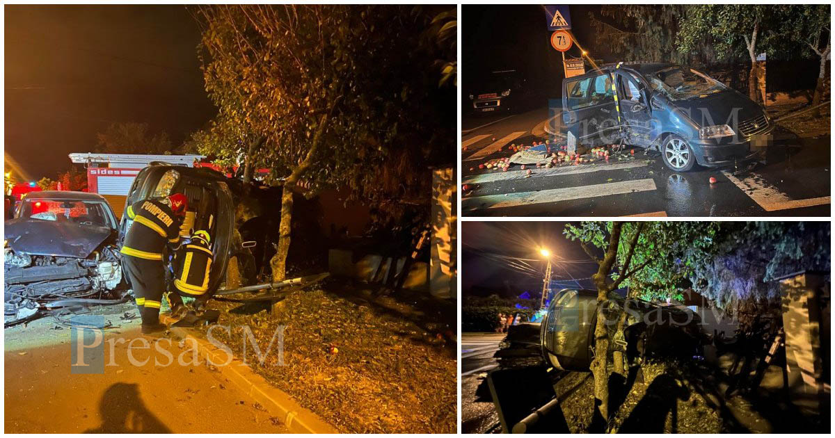 FOTO. Impact teribil între două mașini, în municipiul Satu Mare. Mașină proiectată în gardul unei case