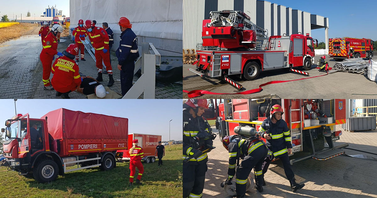FOTO. Incendiu la o hală de producție, cu materiale combustibile. Mobilizare a pompierilor sătmăreni (exercițiu)