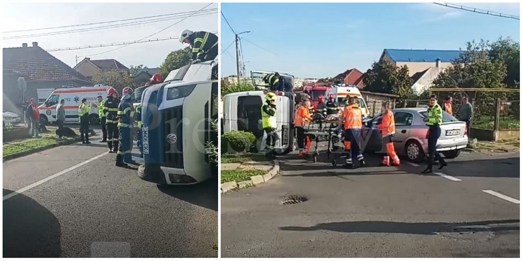 FOTO/VIDEO. Dubă răsturnată, șofer încarcerat. Accident în municipiul Satu Mare
