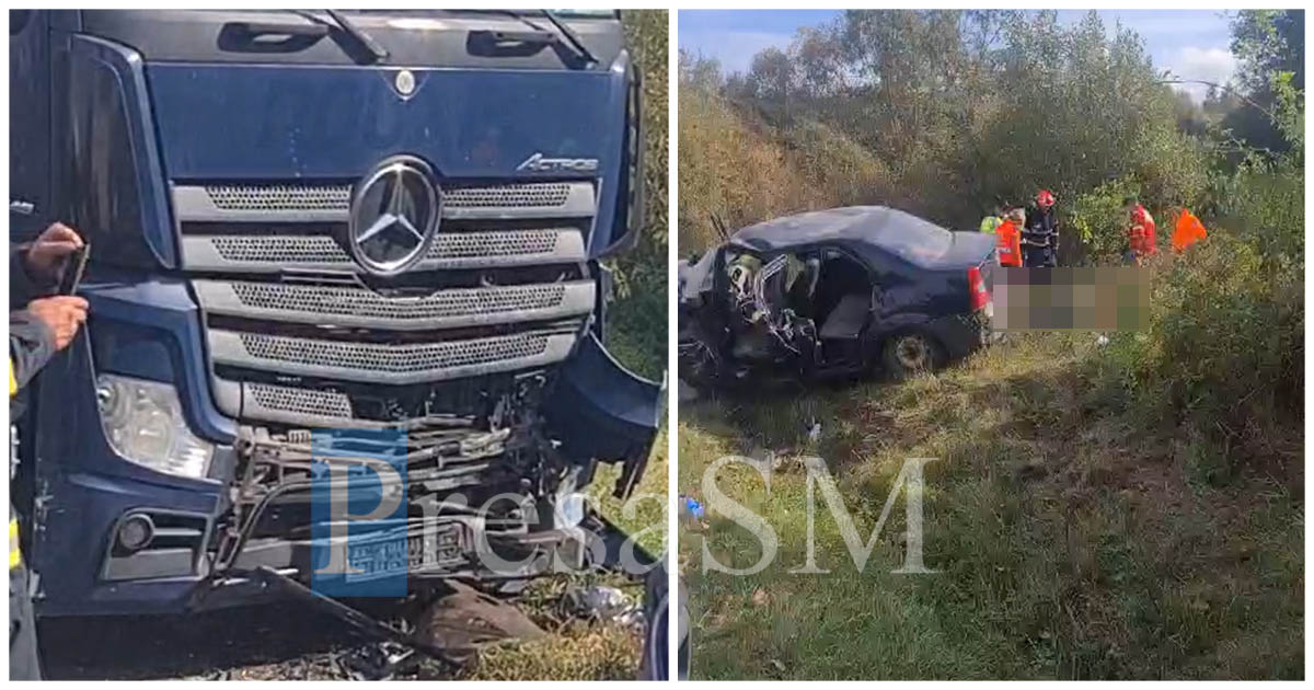 VIDEO. Accident cu doi morți. Coliziune frontală între o mașină și un TIR. Sătmăreanul nu a putut evita tragedia