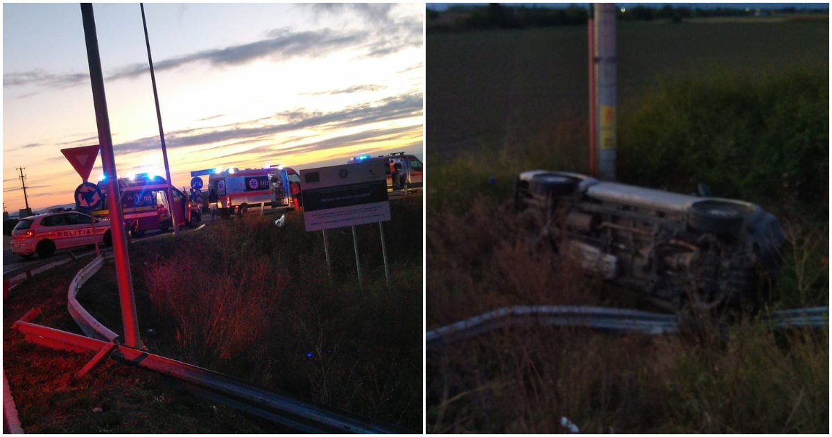 FOTO. Accident cu multiple victime în municipiul Satu Mare. Autoturism răsturnat în șanț