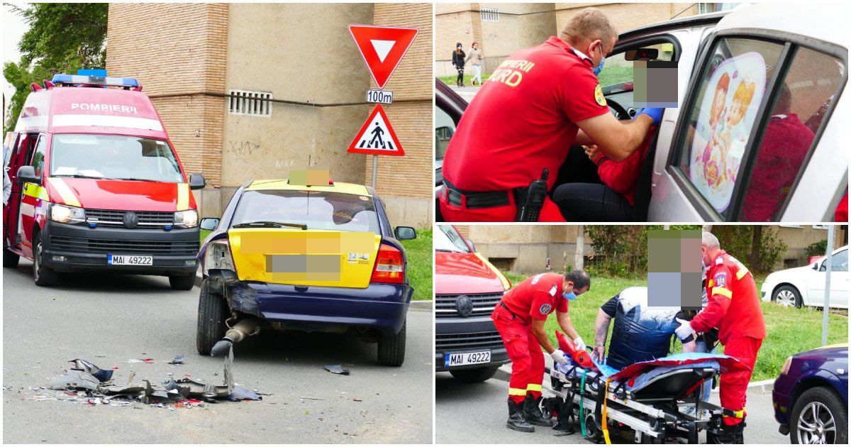 FOTO/VIDEO. Accident grav, cu multiple victime, în Satu Mare. Coliziune între un taxi și o Dacia
