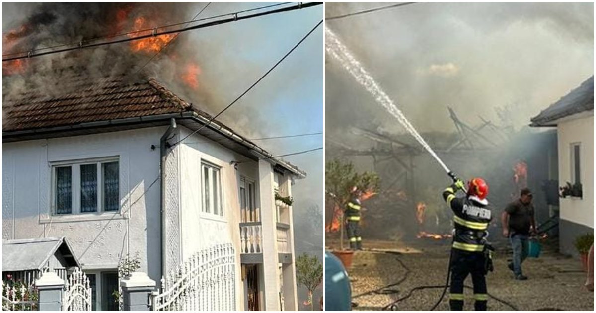 FOTO/VIDEO. Incendiu violent în județul Satu Mare. Pompierii au salvat zeci de animale și casele învecinate