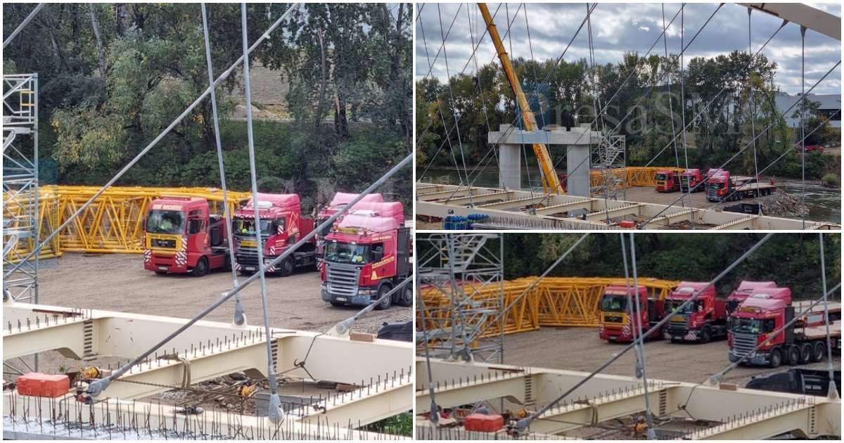 FOTO/VIDEO. Forfotă mare pe șantierul "pietonalei". Camioanele aduc elementele macaralei imense
