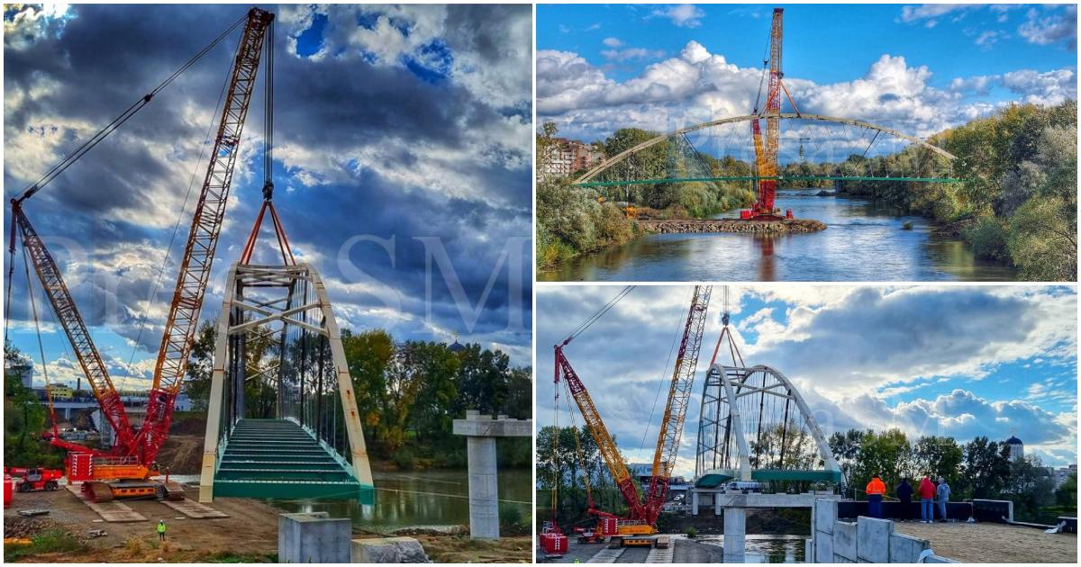 FOTO/VIDEO. Pasarela pietonală, ridicată. Începe operațiunea spectaculoasă de mutare peste râul Someș