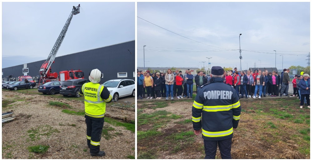 FOTOGALERIE. Pompierii au desfășurat forțe importante la o fabrică din Satu Mare și au evacuat muncitorii (exercițiu)