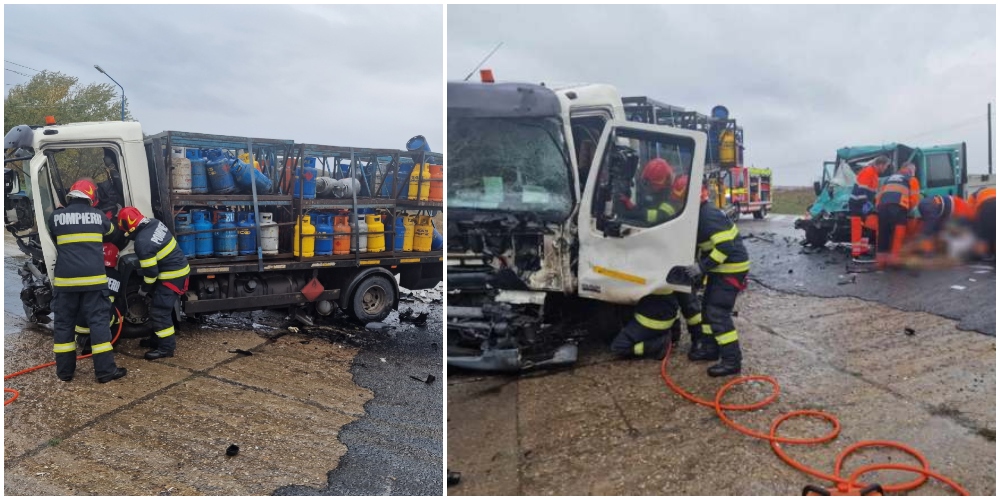 FOTO/VIDEO. Șofer încarcerat, coliziune între un camion plin cu butelii și o autoutilitară