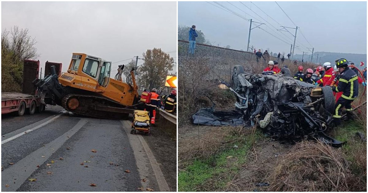 FOTO. Accident cumplit în țară. O tânără a murit, alta în stare gravă. Peste mașina lor a căzut un buldoexcavator