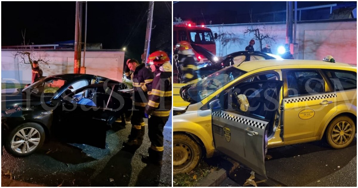 FOTO/VIDEO. Accident grav în municipiul Satu Mare. Impact puternic între un taxi și o mașină. Șofer încarcerat