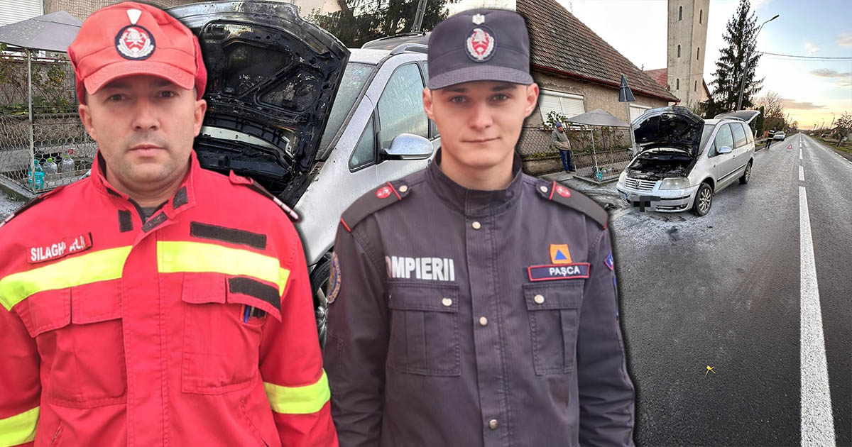 FOTO. Autoturism cuprins de flăcări în județul Satu Mare. Incendiul, stins de doi pompieri aflați în drum spre serviciu