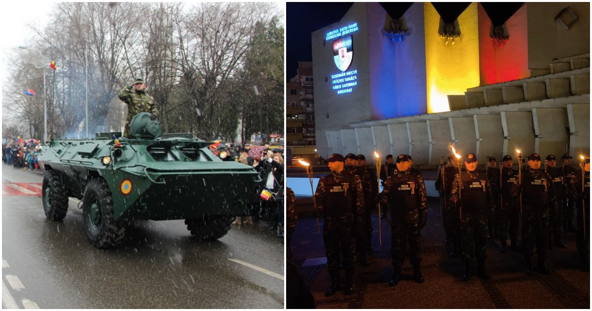 Program de 1 Decembrie la Satu Mare: Defilare cu tehnică în Centrul Vechi al Sătmarului. Retragere spectaculoasă cu torțe