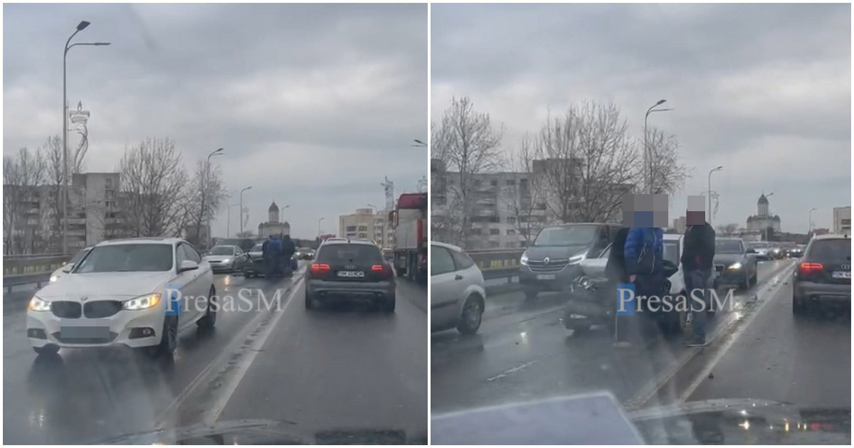 FOTO/VIDEO. Accident pe Podul Decebal. Coliziune între două automobile. Aglomerație în Piața Romană