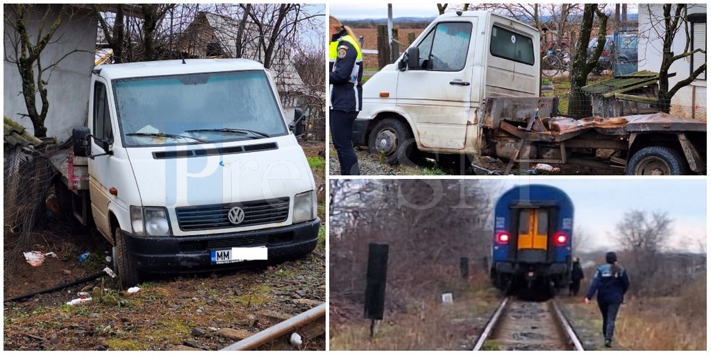 FOTO. Autoutilitară lovită în plin de trenul spre Viena la limita județelor Satu Mare și Maramureș