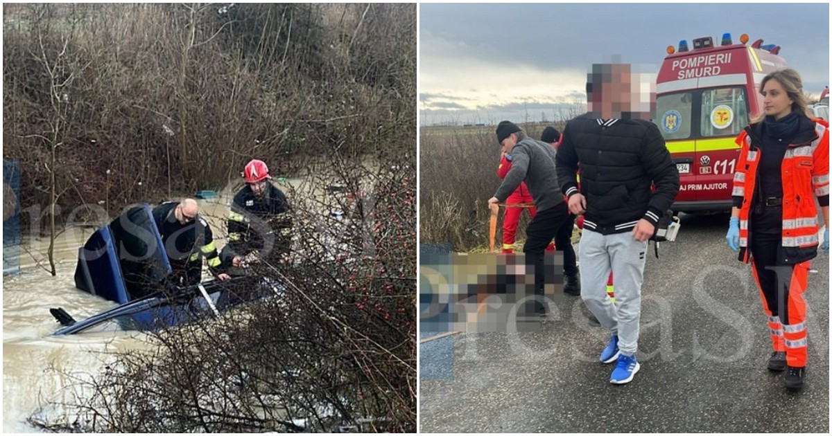 FOTO. Trei morți în județul Satu Mare. S-au înecat după accident. Mașina, în șanțul plin cu apă