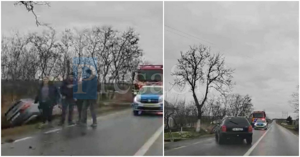 FOTO/VIDEO. Accident în Ajunul Crăciunului, în județul Satu Mare. O tânără a fost rănită. O mașină a ajuns în șanț