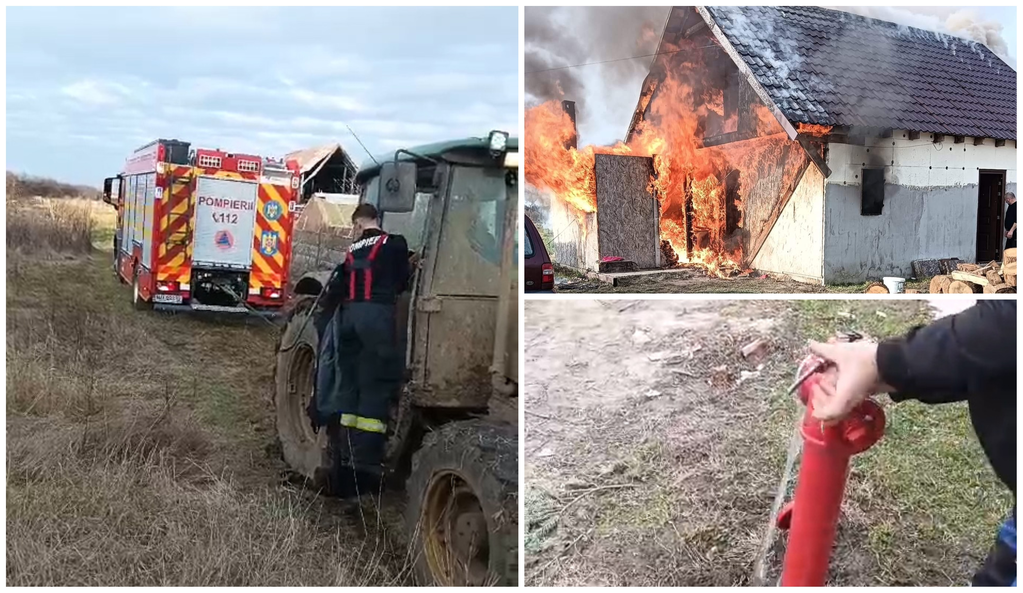 VIDEO. Casă arsă complet, pompieri fără apă și împotmoliți. Tragi-comedie în Satu Mare
