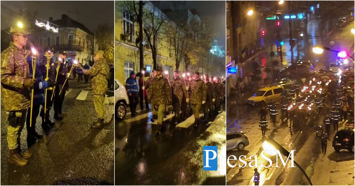 VIDEO. Retragere spectaculoasă cu torțe în municipiul Satu Mare. Pe străzi au răsunat cântecele patriotice