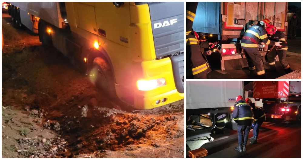 FOTO. TIR plin cu fructe răsturnat în șanț, în județul Satu Mare