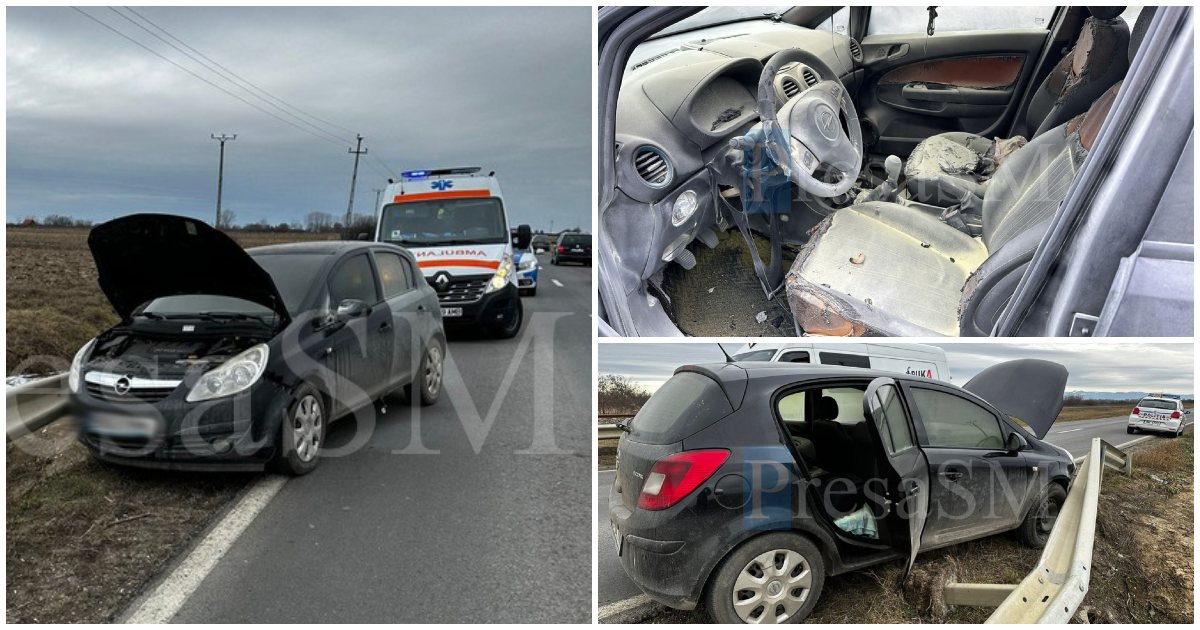 FOTO. Incident teribil în Satu Mare. Șoferiță rămasă inconștientă după ce a sărit din mașina în flăcări!