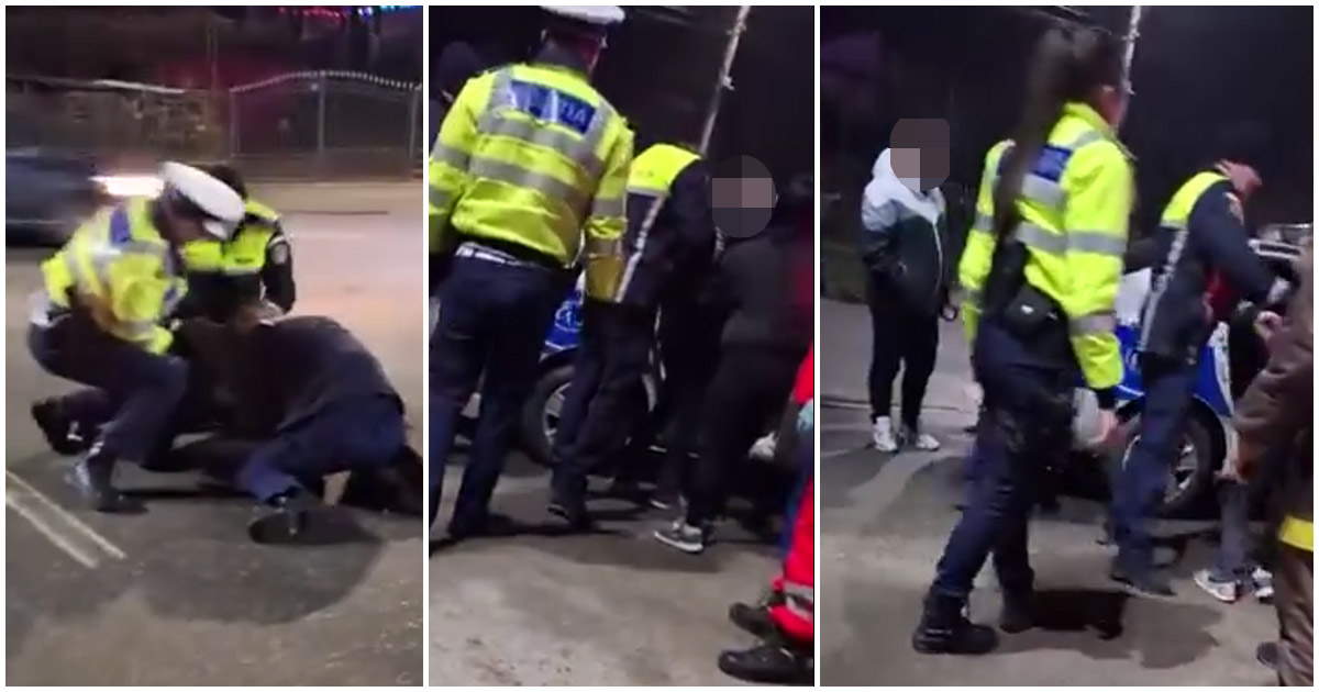 VIDEO. Incident în țară. Un polițist a rămas fără centura cu pistol, când încerca să încătușeze un bărbat