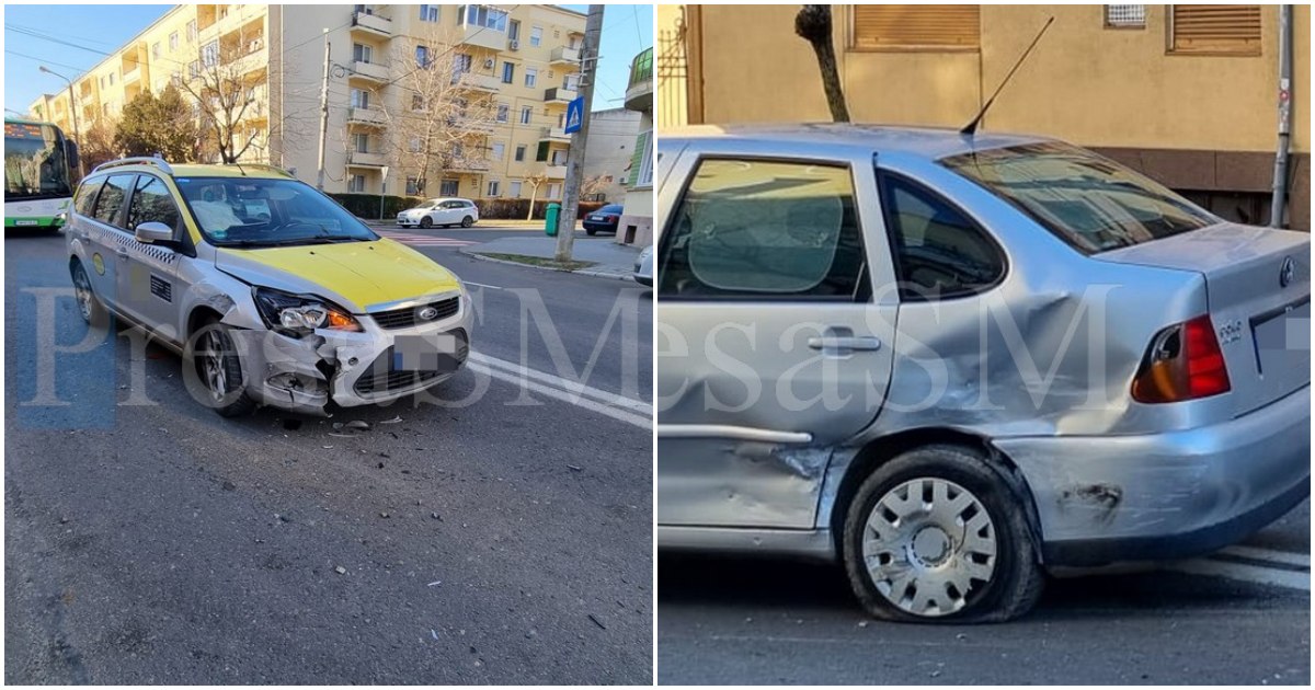 FOTO. Accident cu scandal în municipiul Satu Mare. Taximetrist nervos, șofer neatent