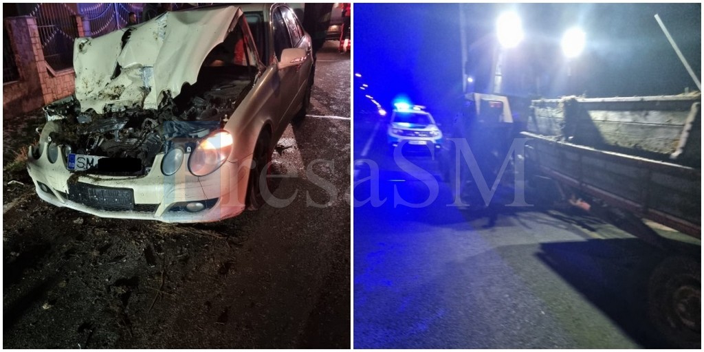 FOTO. Impact puternic între un autoturism și un tractor, în județul Satu Mare