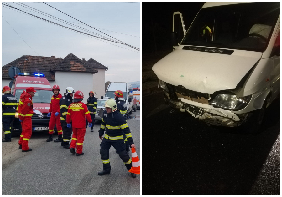 FOTO. Accident grav în județul vecin. Impact între două microbuze și un autoturism. 9 persoane la spital