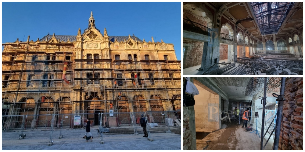 FOTOGALERIE. Se lucrează intens la fațada Hotelului Dacia. Imagini și din interior