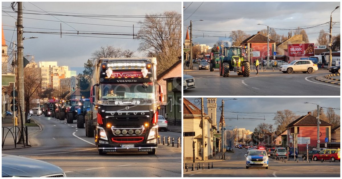 FOTO/VIDEO. Protestatarii, fermieri și transportatori, au ajuns în municipiul Satu Mare. Protest pe marile bulevarde din oraș