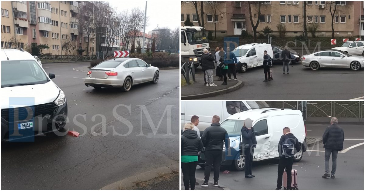FOTO. Accident în lanț, în municipiul Satu Mare. Mașină a MAI prinsă la mijloc