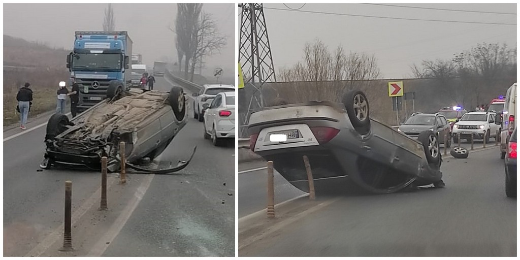 FOTOGALERIE. O tânără s-a răsturnat cu mașina pe DN19, între Satu Mare - Oradea