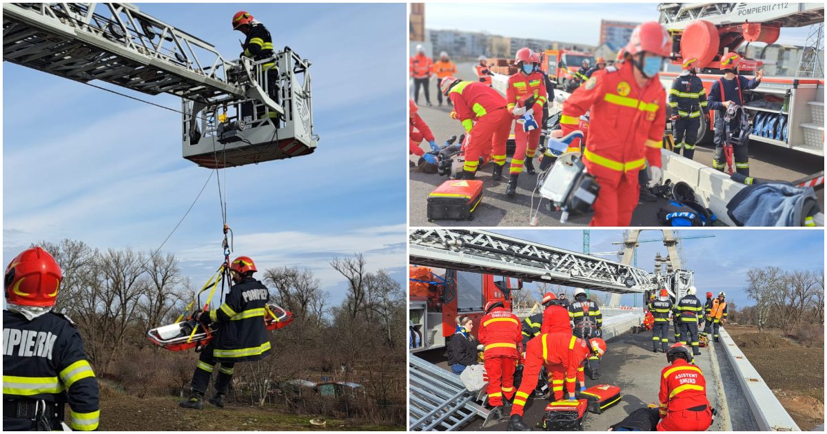 FOTO/VIDEO. Prima intervenție majoră a pompierilor pe podul hobanat din Satu Mare (exercițiu)