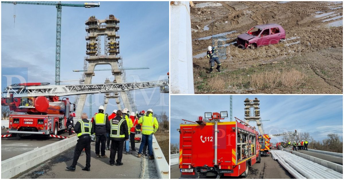 FOTO/VIDEO. Mașină căzută de pe podul hobanat. Exercițiu de amploare al pompierilor sătmăreni