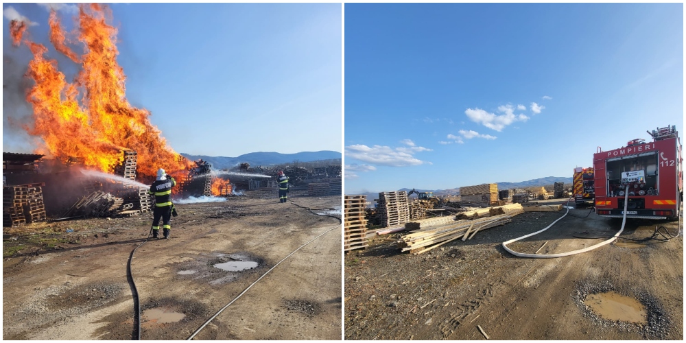FOTO. Incendiu la un depozit din județul Satu Mare. Sute de paleți s-au făcut scrum