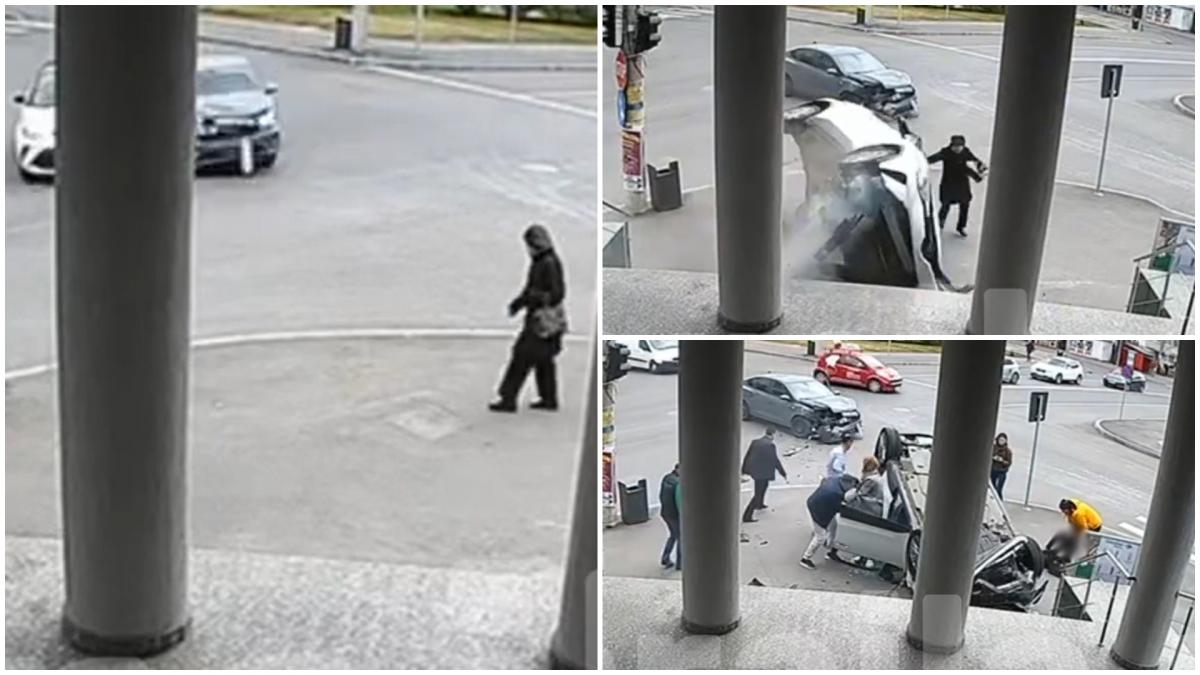 VIDEO. Accident cumplit în țară. O mașină s-a răsturnat peste o bătrânică de 81 de ani.  Incidentul, surprins de camerele de supraveghere