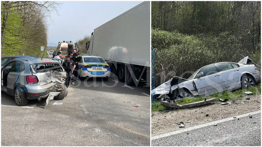 FOTO/VIDEO. Accident în lanț, cu victimă, în județul Satu Mare. O mașină în șanț, alta pe șosea