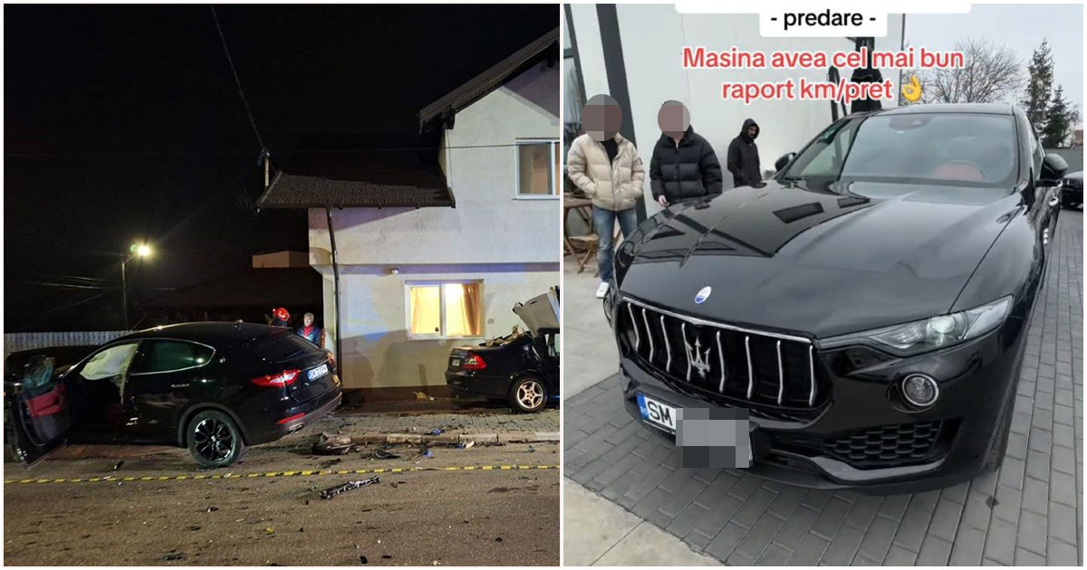 FOTO/VIDEO. Maserati înmatriculat în Satu Mare, distrus în accident la o zi după cumpărare de un tânăr (21 ani)