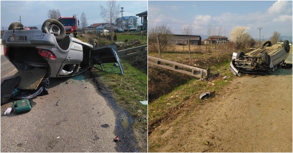 FOTO/VIDEO Accident grav în județul Satu Mare. A lovit un stâlp de electricitate. Mașină răstrunată pe drum