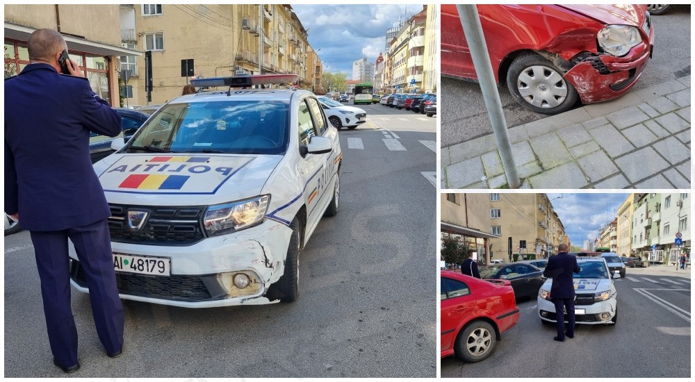 FOTO. Accident în centrul Sătmarului, între o mașină de Poliție și un alt autovehicul