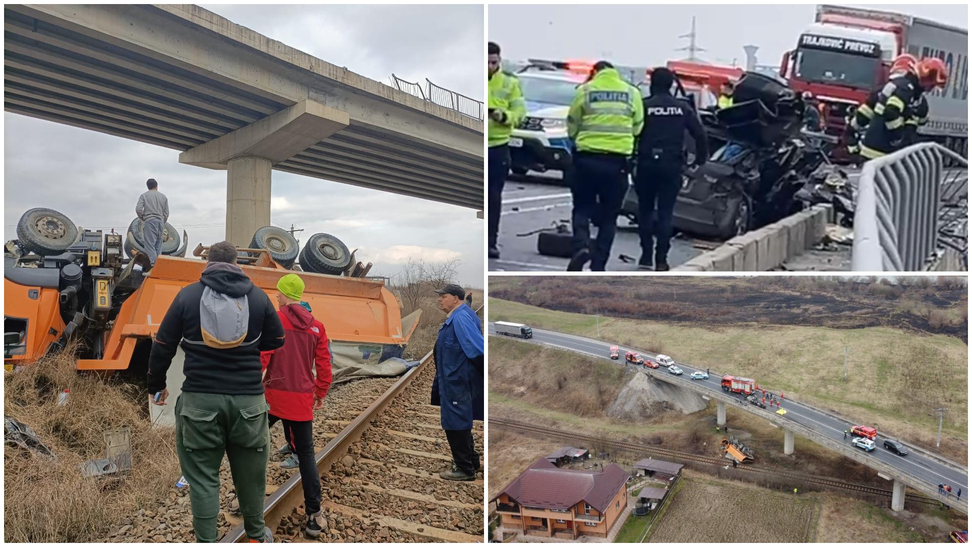 FOTO/VIDEO. Accident cumplit în țară, cu trei morți.  Un camion a căzut de pe un pod lângă calea ferată, după impactul cu o mașină