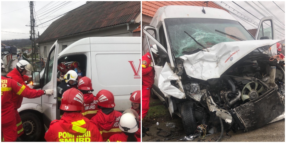 FOTO. Șofer încarcerat. Coliziune între o autoutilitară și un autotren condus de un sătmărean