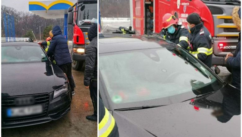 Doi copilași (1 și 2 ani) blocaţi într-o maşină. Mama era la cumpărături, pompierii au spart parbrizul