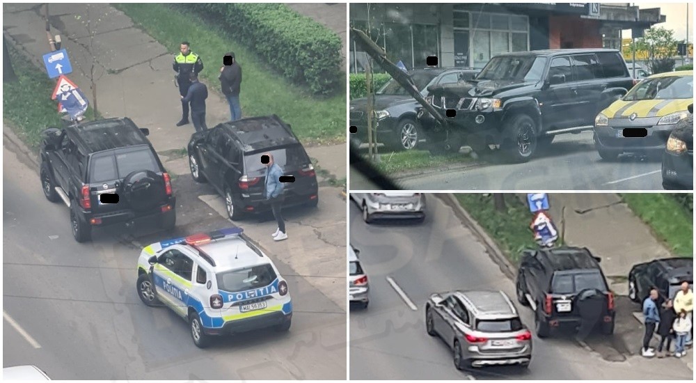 FOTO/VIDEO. Accident pe B-dul Lucian Blaga. O mașină s-a oprit într-un stâlp