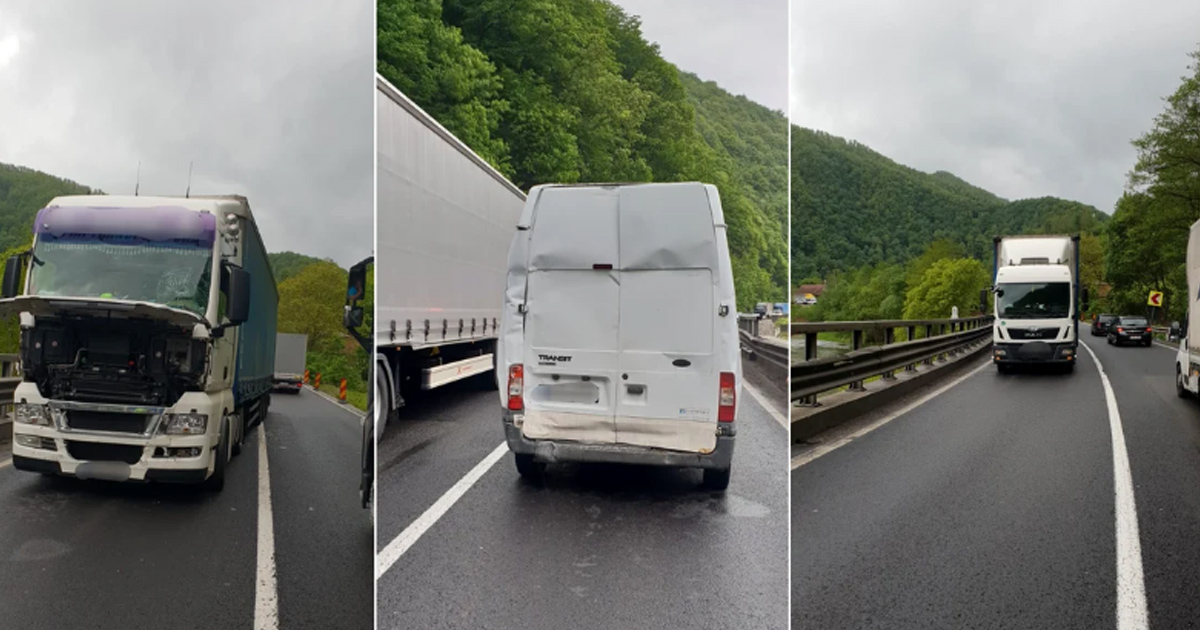 FOTO. Șofer sătmărean de TIR, implicat într-un carambol pe Valea Oltului. A lovit un microbuz apoi un alt TIR