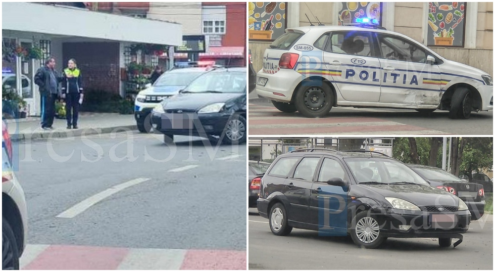 FOTO. Ce a pățit șoferul care a lovit astăzi mașina Poliției Satu Mare, lângă Spitalul Vechi